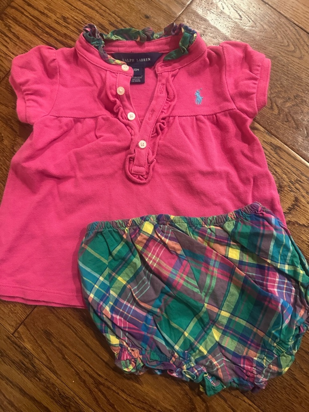 Ralph Lauren Pink Polo Top with Multicolor Plaid Bloomer Set